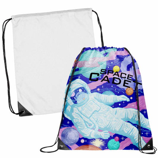 A drawstring bag in purple and white featuring an astronaut illustration and a logo, with black corners.
