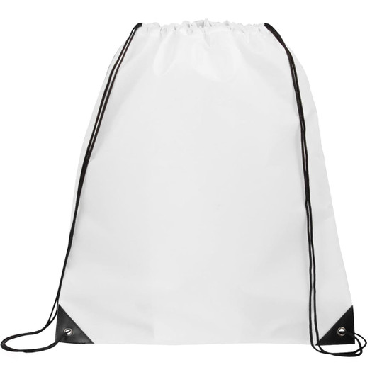 A white drawstring backpack with black accents and a logo. Ideal for carrying lightweight items.