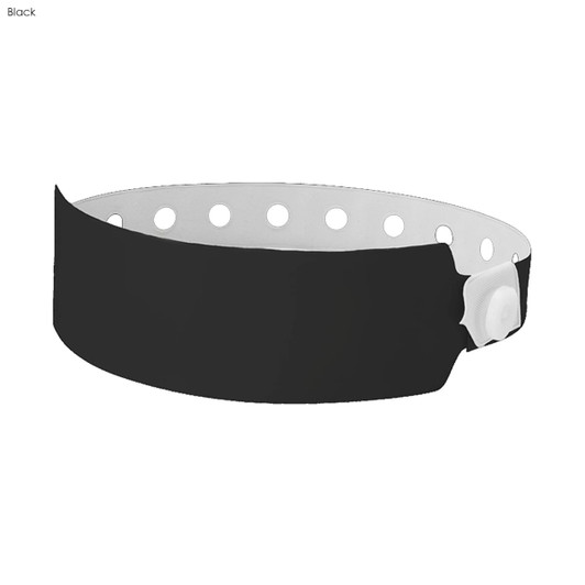 A black plastic wristband with a white interior and circular cut-outs, featuring a secure fastening mechanism.