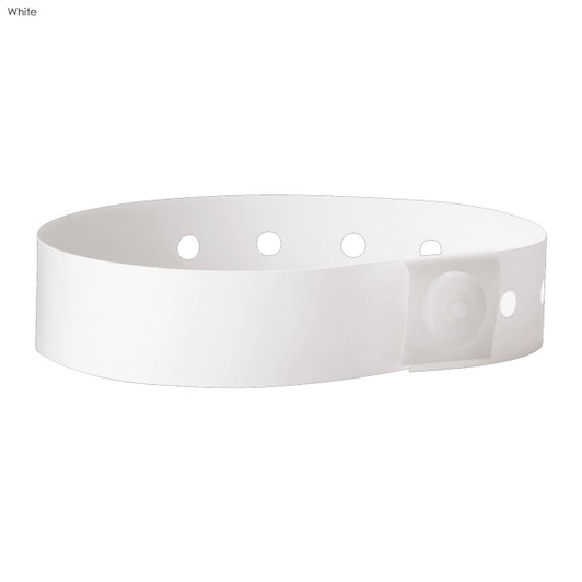 A white plastic wristband with holes for adjustment and a fastening clip. It features a logo.