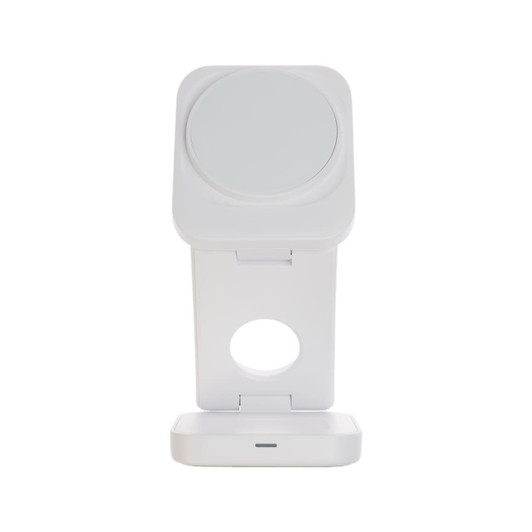 A white 3-in-1 wireless charger featuring a stand and a round charging pad, with a sleek modern design.