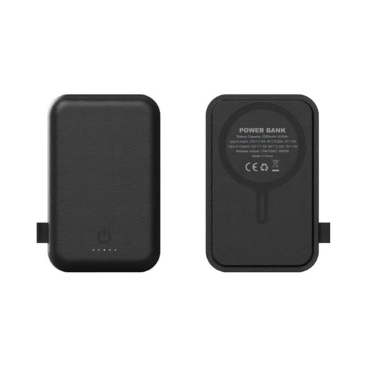 A black power bank featuring a magnetic surface and LED indicator lights, with a branding logo on the back.