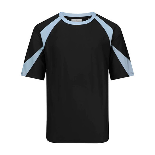 A black sports tee with light blue contrast sleeves and a logo on the front.