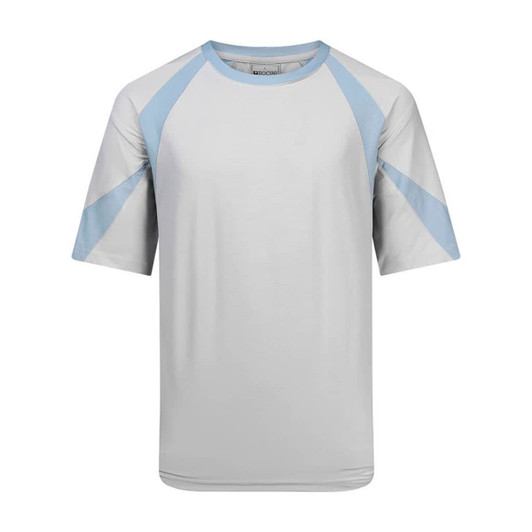 A three-tone contrast sports tee in grey with light blue accents. The shirt features short sleeves and a logo.