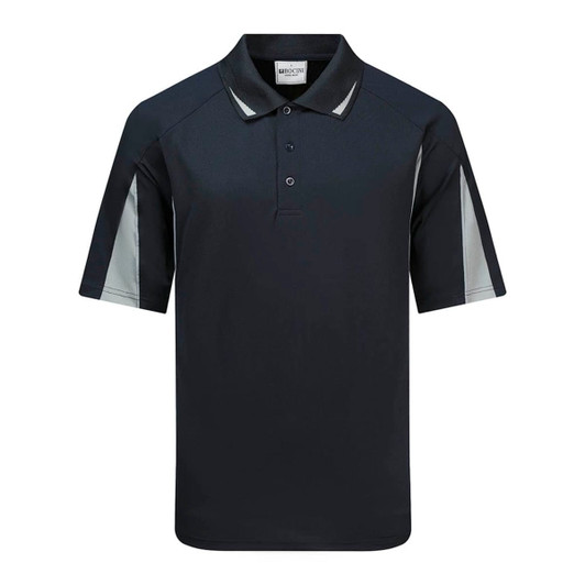 A navy polo shirt with grey accents and a branding logo on the chest. Short sleeves and a classic collar design.