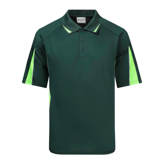 A dark green polo shirt with bright green accents and a logo on the chest. Short sleeves and a classic collar design.