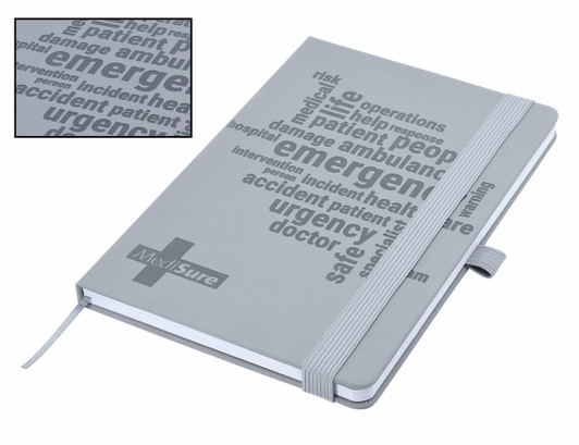 A grey A5 notebook with debossed text and a ribbon bookmark, featuring a logo on the cover.