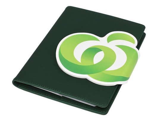A green A5 portfolio with a logo on the front, designed for office and business use.