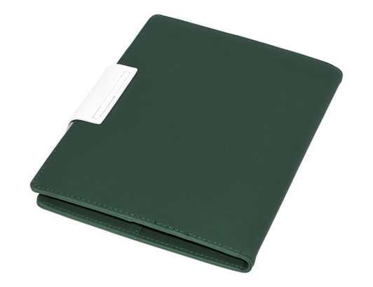 A green A5 portfolio with a white clasp, suitable for professional or business use.