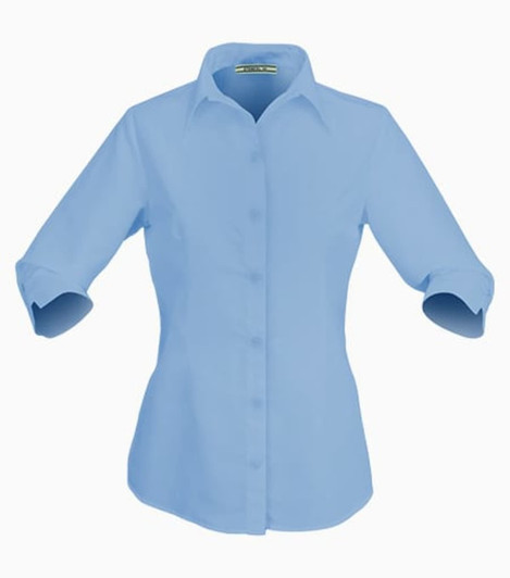 A light blue 3/4 sleeve ladies' button-up shirt with a collar and a logo.