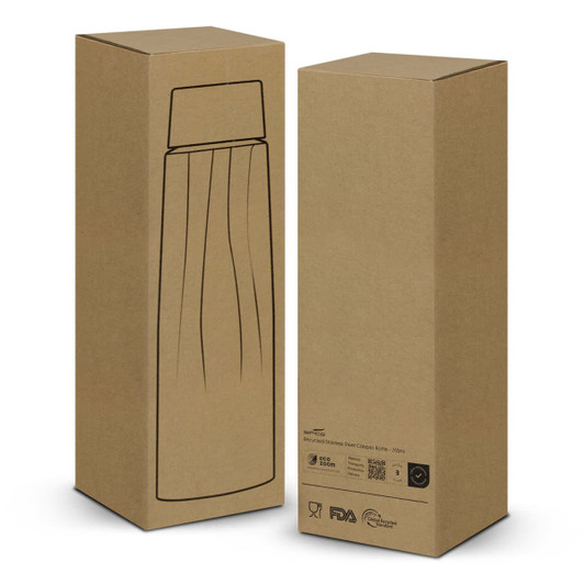 A drink bottle in a tall, slender cardboard packaging. The bottle is illustrated on the box and features a logo.