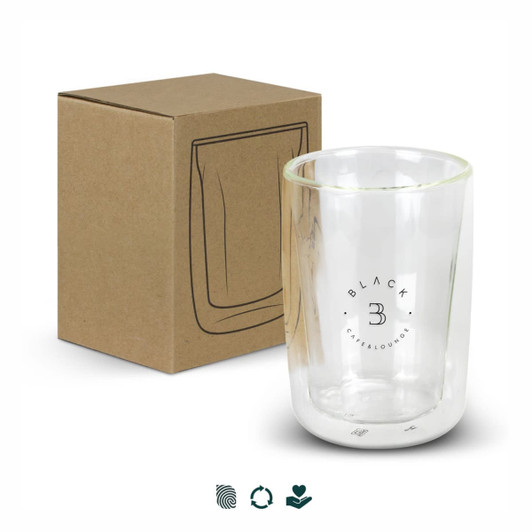 A double wall glass with a clear finish, featuring a logo and packaged in a simple brown box.
