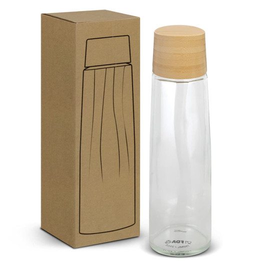 A drink bottle featuring a clear glass body and a wooden lid, presented in a cardboard box.