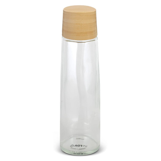 A drink bottle made of clear glass with a bamboo lid, featuring a sleek and modern design.