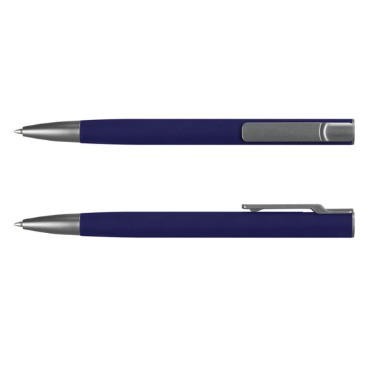 A navy blue metal pen with a sleek design, featuring a silver clip and tip. It includes a logo.