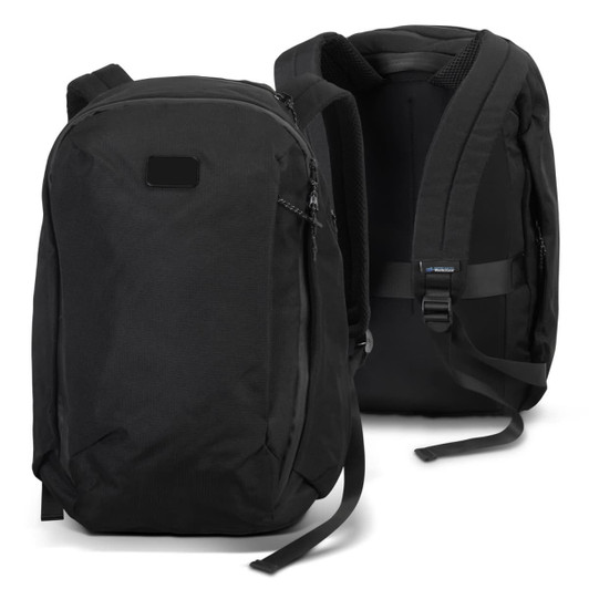 A black business computer backpack with padded straps and a spacious main compartment. It features a logo on the back.