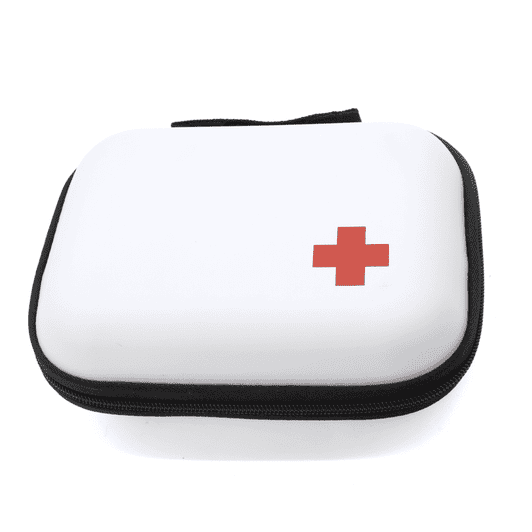 A white first aid kit with a red cross symbol, featuring a black zip closure. It contains 43 essential medical items.