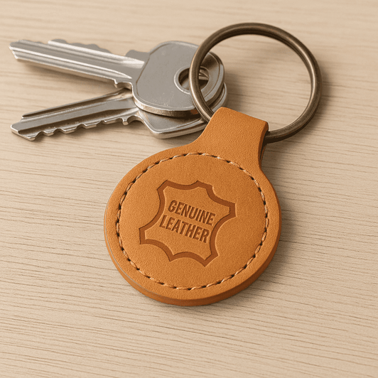 A round, tan leather keyring with a key attached, featuring a stitched edge and a logo embossed on the surface.