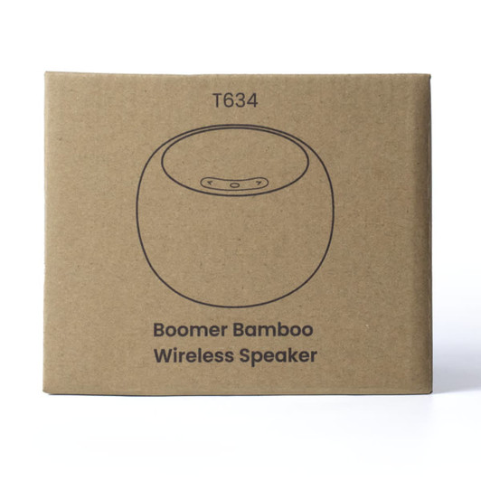 A brown cardboard box featuring a simple illustration of a round bamboo wireless speaker with a logo.