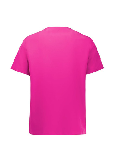 A pink V-neck scrub top featuring short sleeves and a plain back, includes a logo.