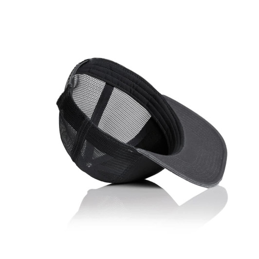 A black and grey trucker cap featuring mesh detailing and a logo on the front.