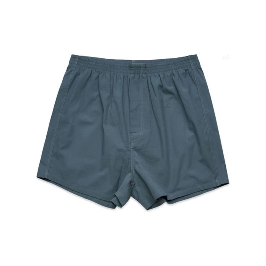 Grey boxer shorts featuring a loose fit and an elasticised waistband, with a small branding logo.