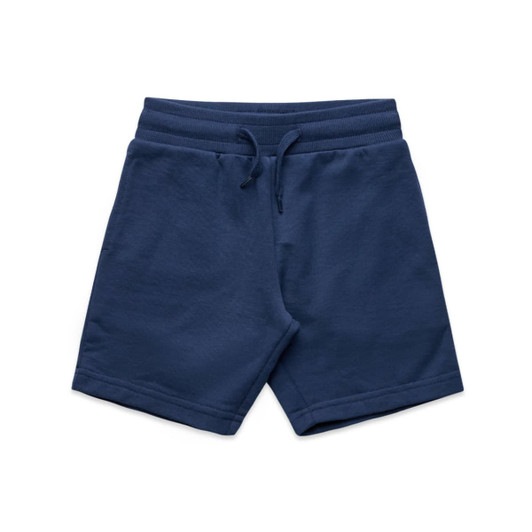 Navy blue sports shorts with an elastic waistband and drawstring, featuring a logo on the front.