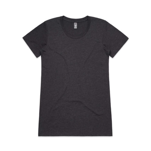A charcoal grey T-shirt with short sleeves and a rounded neckline, featuring a logo.