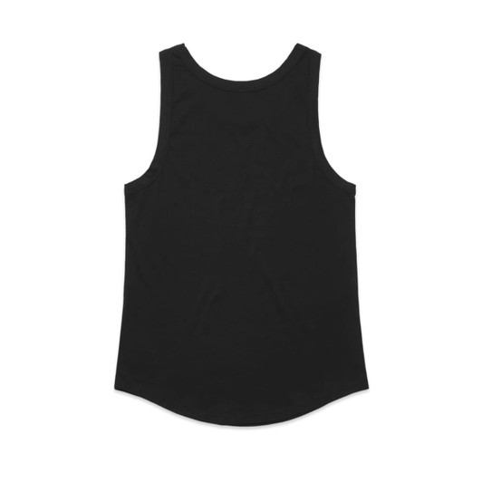 A black singlet with a curved hem and no visible branding, showcasing a simple design.
