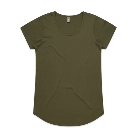 An olive green t-shirt with short sleeves and a round neckline, featuring a label and a logo.
