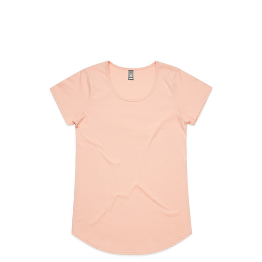 A light peach t-shirt with a round neckline and short sleeves. It features a tag and has a plain design.