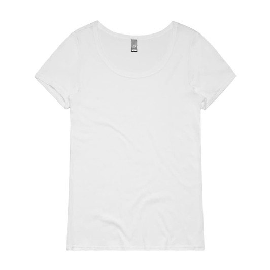 A white short-sleeved t-shirt with a scoop neckline, featuring a branding logo on the tag.