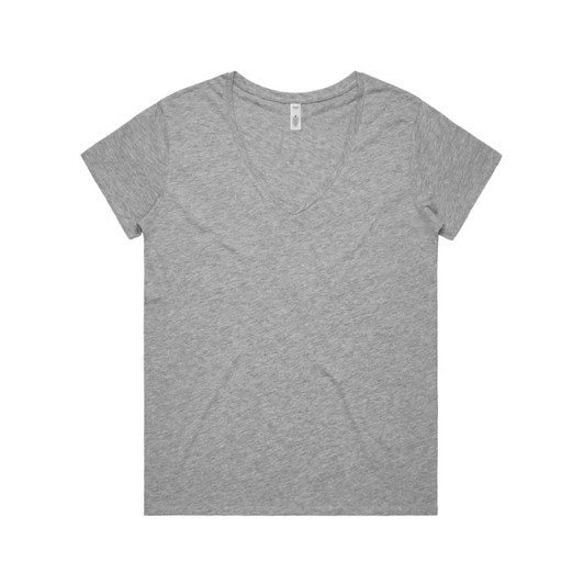 A grey V-neck T-shirt with short sleeves, featuring a branded label.