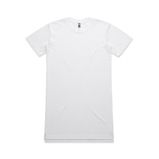An oversized white dress t-shirt with short sleeves and a logo at the neckline.