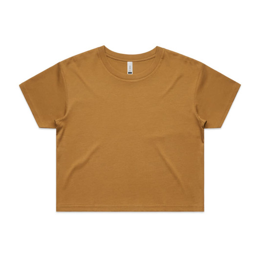 A mustard yellow crop tee with a simple design and a small logo. Short sleeves and relaxed fit.