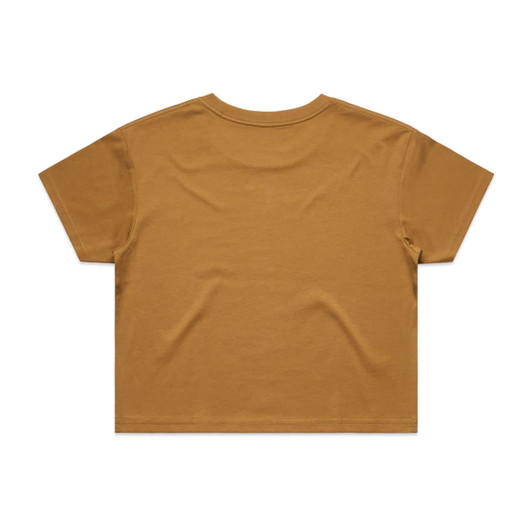 A cropped tee in a warm mustard colour, featuring a plain back design and a logo.