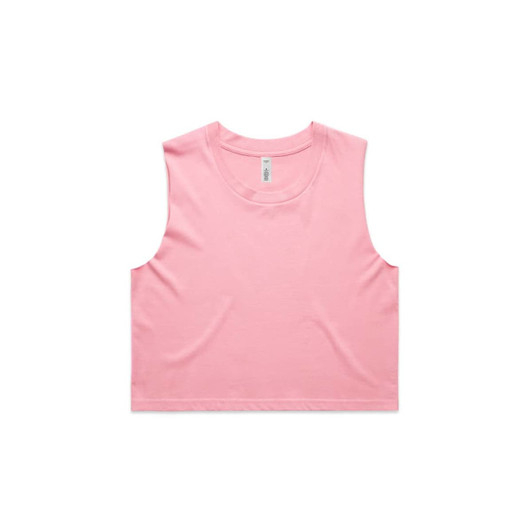 A pink crop tank top with a round neckline and a logo. Suitable for sports or casual wear.