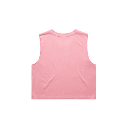 A pink crop tank top with a simple, sleeveless design and a logo on the back.