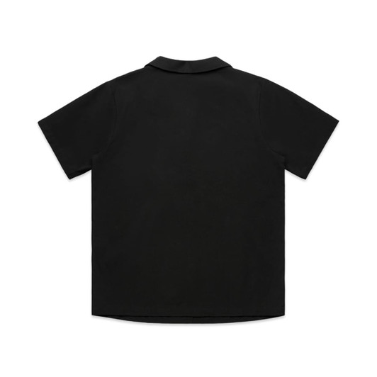 A black short-sleeved pyjama top with a collared neckline and a plain back. It features a logo on the label.