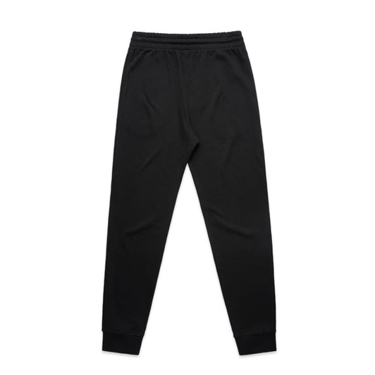 Black track pants with a fitted design and an elastic waistband, featuring cuffs at the ankles.