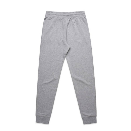 Grey track pants featuring a fitted design and an elastic waistband, with a logo on the side.