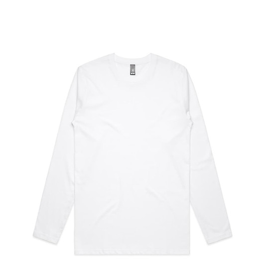 A white long-sleeve T-shirt with a logo on the label. Simple and classic design.