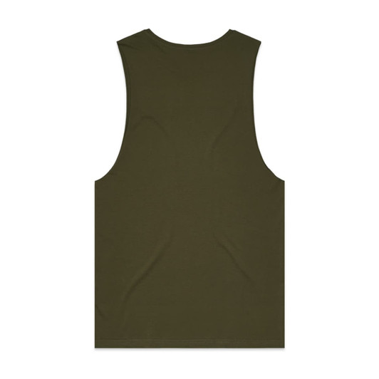 A plain olive green singlet tank top with a rounded neckline and a large armhole design. It features a logo on the back.