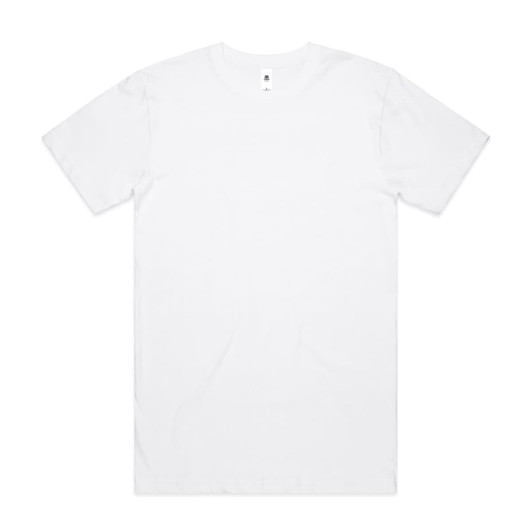 A white t-shirt featuring a plain design and a small logo on the label at the neckline.