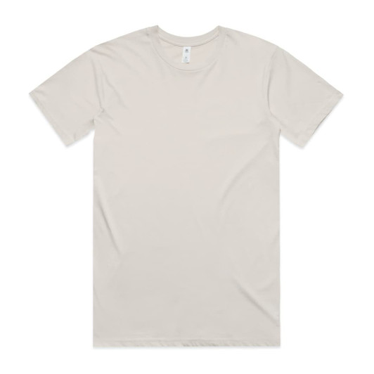 A light beige basic tee t-shirt, featuring a simple design and a tag at the neckline.