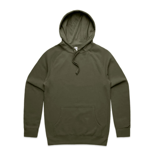 An olive green hoodie featuring a front pocket and a drawstring hood, with a logo on the front.