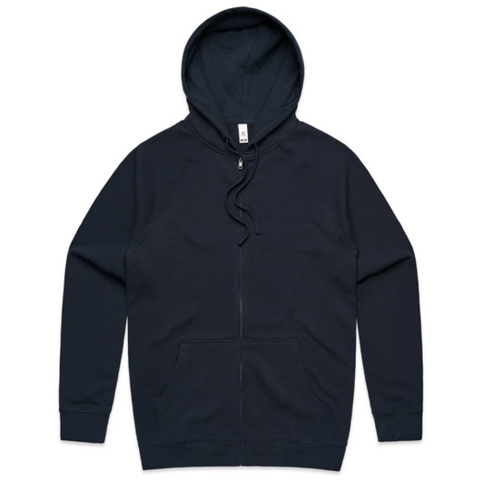 A dark navy zip hoodie featuring a hood and front zipper, with long sleeves and a simple design.