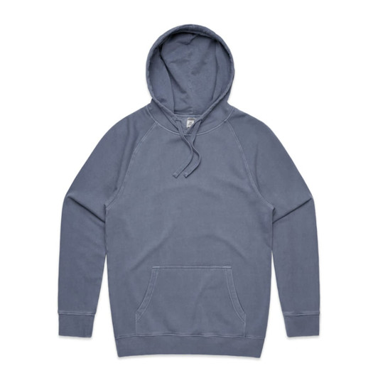 A faded blue hoodie featuring a front pocket and a drawstring hood. It has a logo displayed.