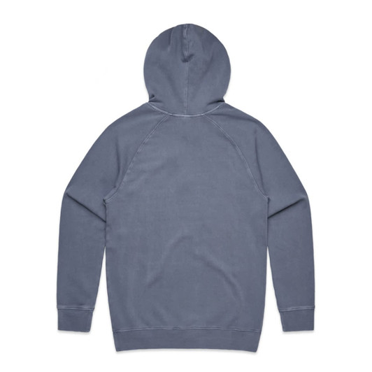 A faded grey hoodie with a back view, featuring a hood and long sleeves, includes a logo.