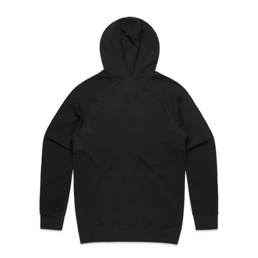 A black hoodie with a hood and long sleeves, featuring a logo on the back.